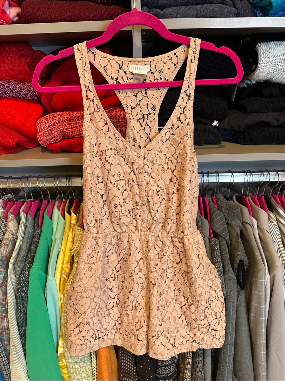 Cooperative tan lace racer back front button 2 pocket lined romper size XS